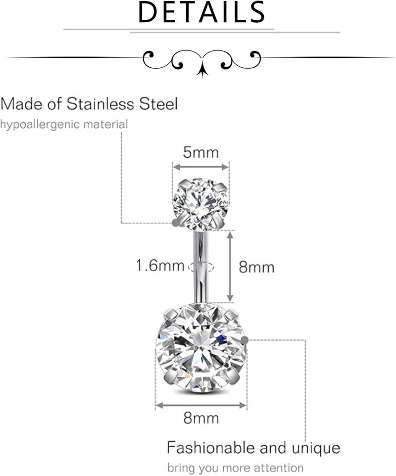FECTAS 14g Belly Button Rings Surgical Steel CZ Petite Navel Ring for Women Body Piercing Jewelry Petite select Barbell Len 6mm 8mm 10mm 12mm 14mm Silver - Image 2